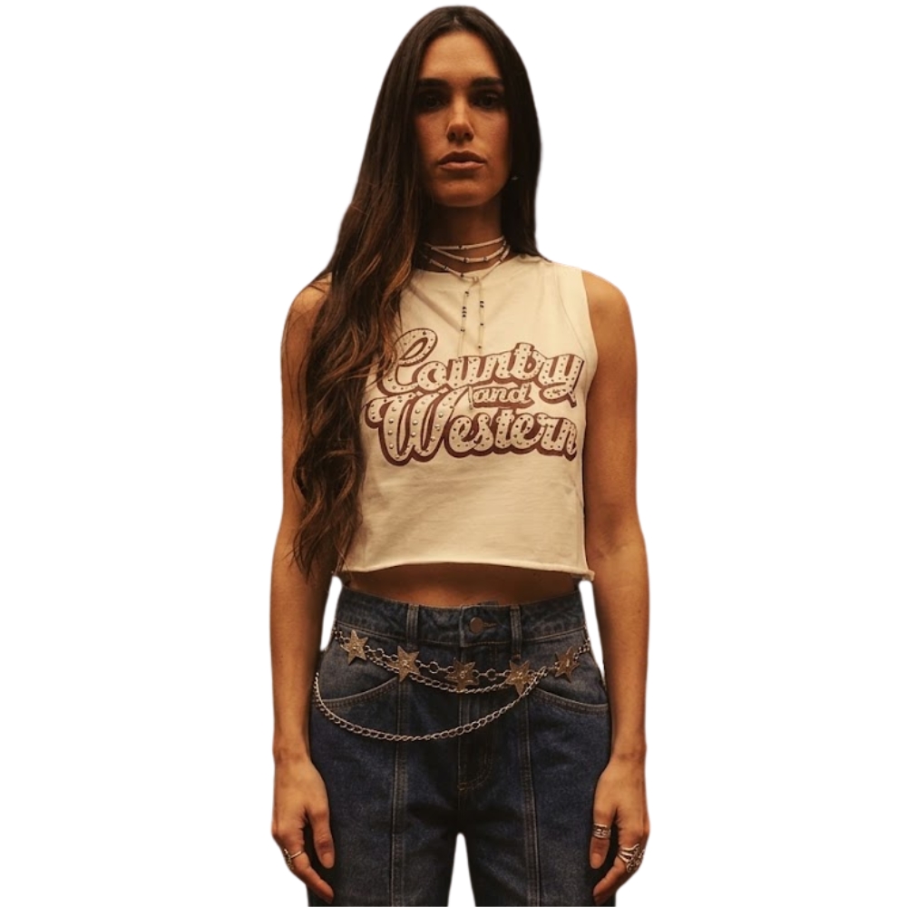 Regata Cropped Feminina Turkese Off White Estampa Country And Western Vinho Tachinhas Ref:TS07601