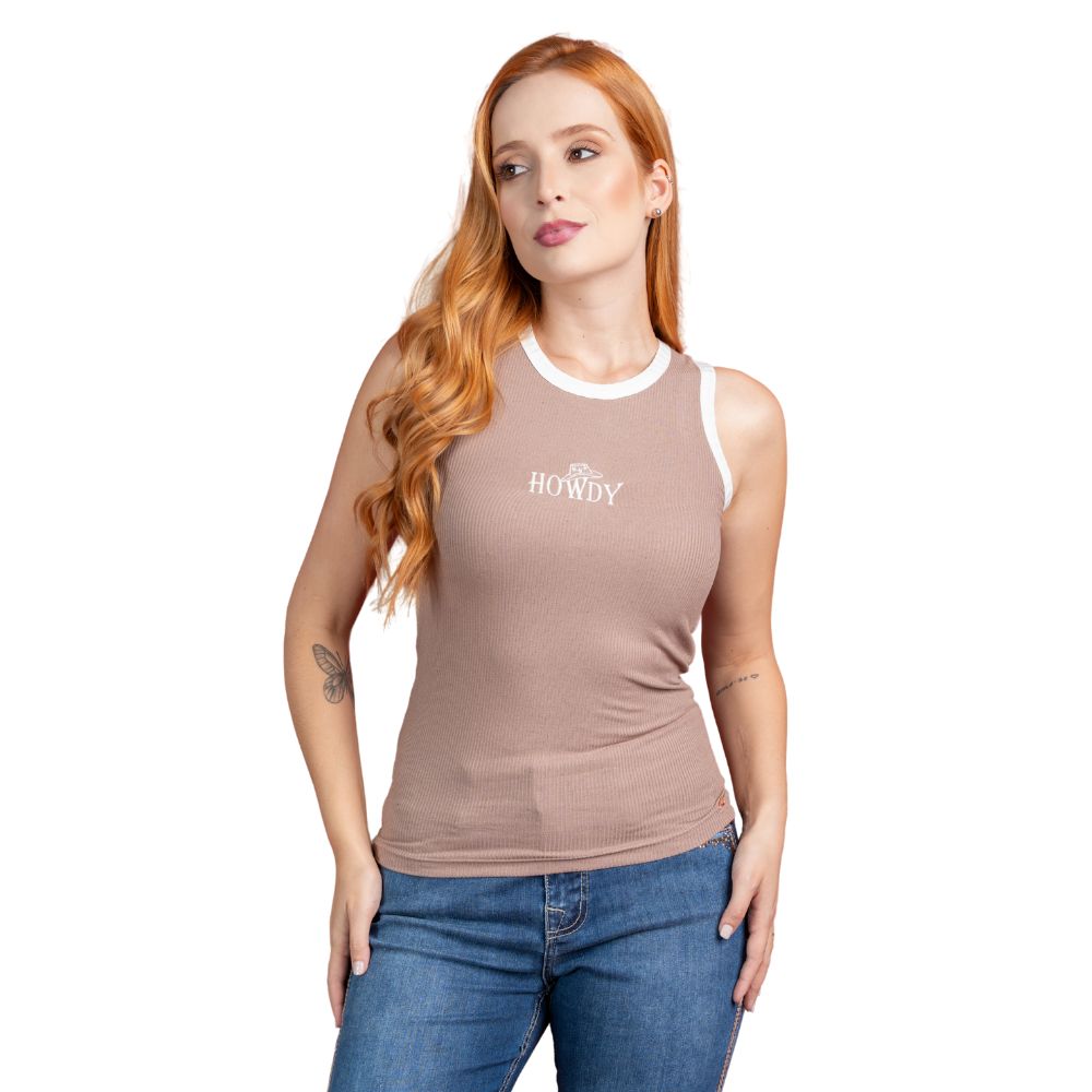 Camiseta Regata Feminina Miss Country Bege E Branco Com Bordado Howdy Cru Ref:3297
