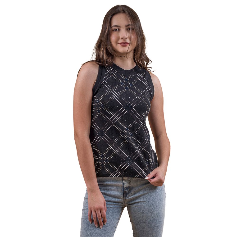 Camiseta Regata Feminina Miss Country Preta Bordada Com Strass Ref:3223