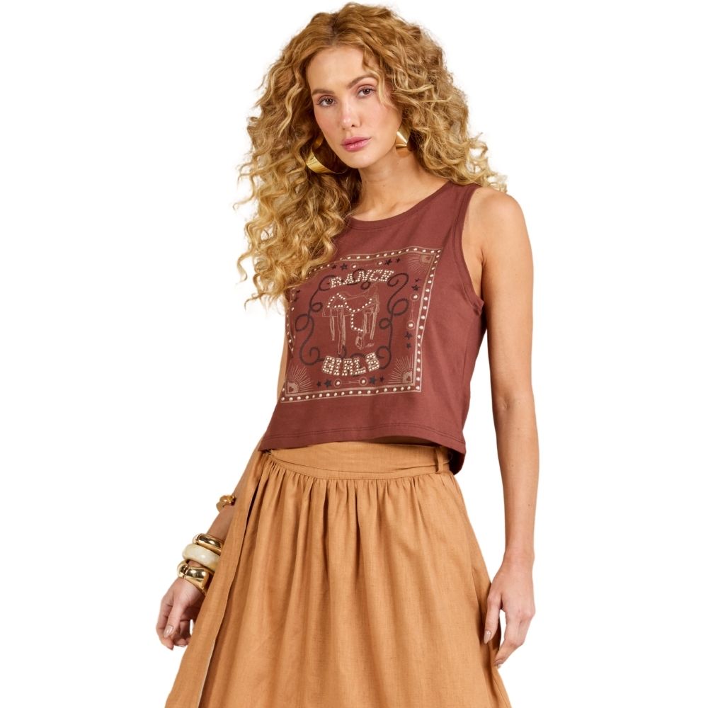Regata Feminina Moon Horse Cropped Ranch Girls Terracota Estampada Ref:01.11.428