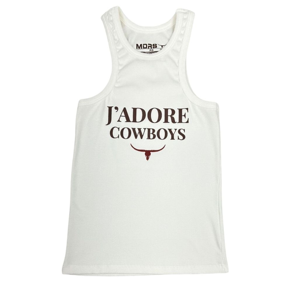 Camiseta Regata Feminina Os Moiadeiros Branca Estilo Nadador Com Escrita Em Marrom Jadore Cowboys REF: CMRF52