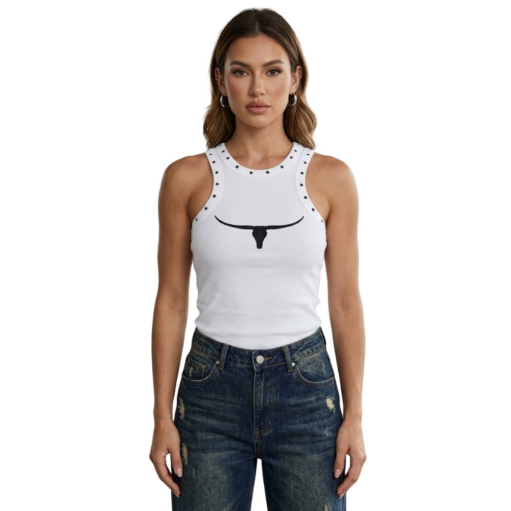 Regata Feminina Moiadeiros Dallas Modelo Nadador Branca Longhorn Com Bordado Estrelas Preto Ref:REG202