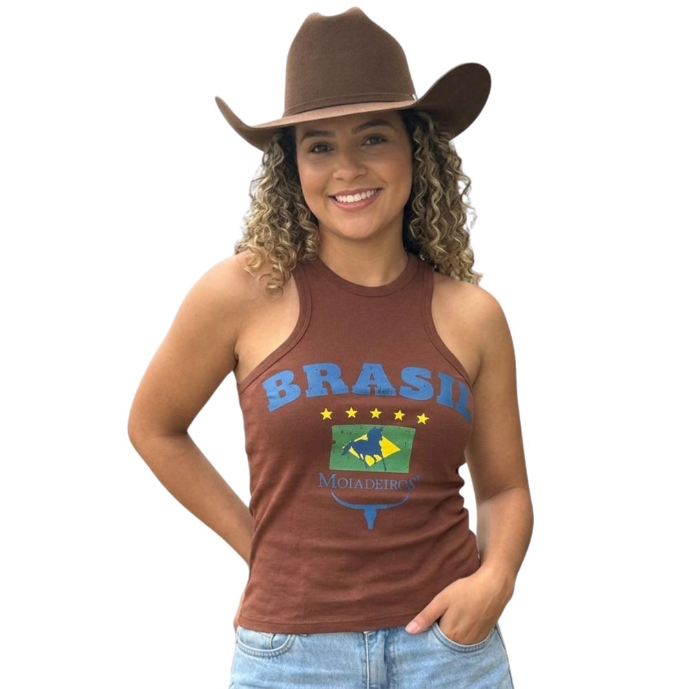 Regata Feminina Moiadeiros Dallas Modelo Nadador Marrom Estampada Brasil Em Azul Ref:REG:229 COPA 2026