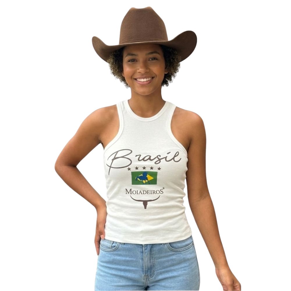 Regata Feminina Moiadeiros Dallas Modelo Nadador Off White Estampada Brasil Em Marrom Ref:REG228 COPA 2026