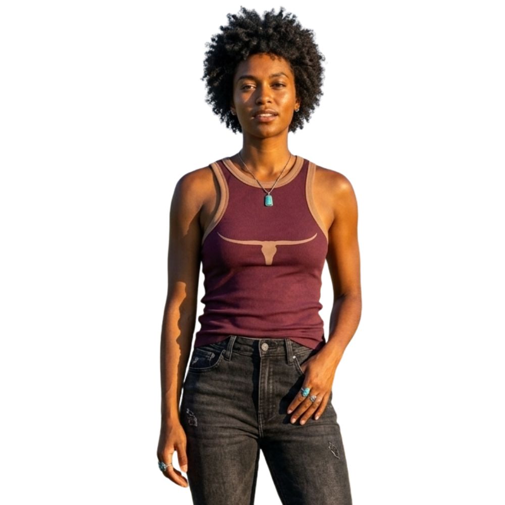 Regata Feminina Moiadeiros Dallas Nadador Bordô Com Viés Marrom Estampa Long Horn Marrom Ref:REG216