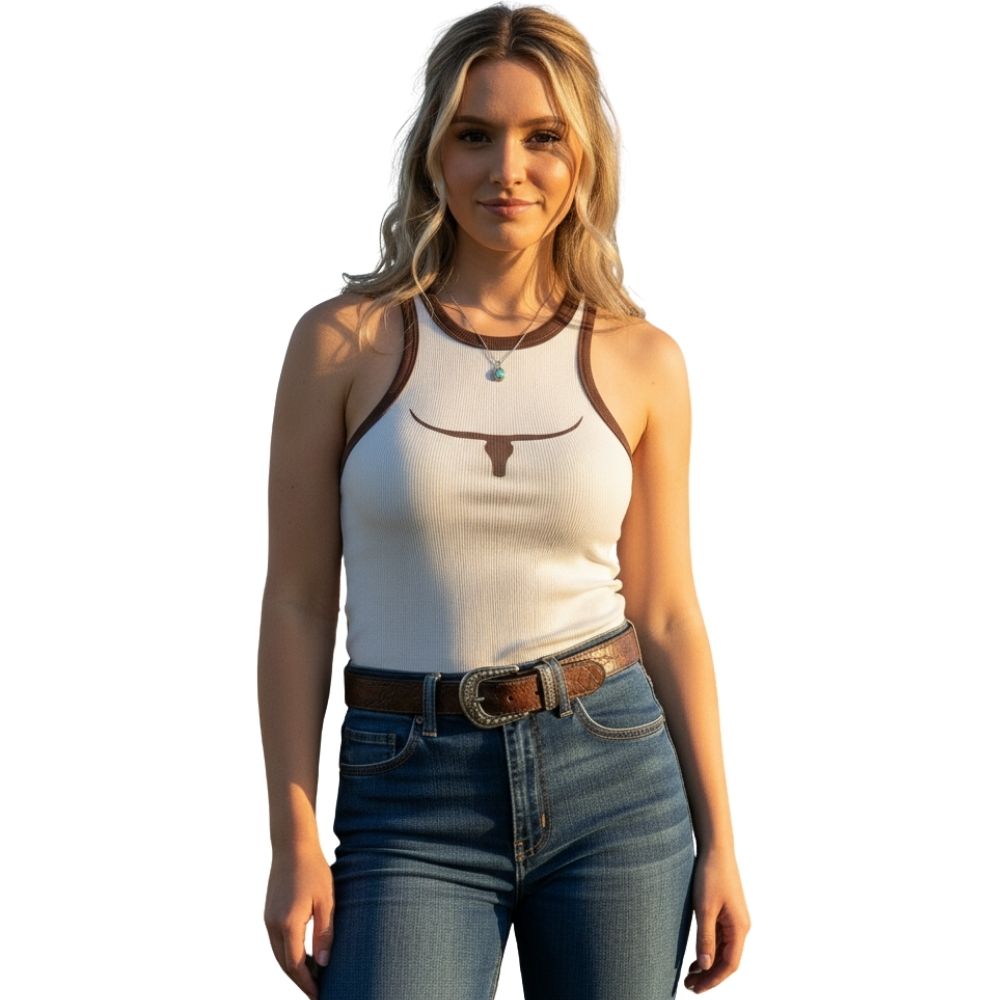 Regata Feminina Os Moiadeiros Modelo Nadador Off White/Marrom Estampado Ref: REG189