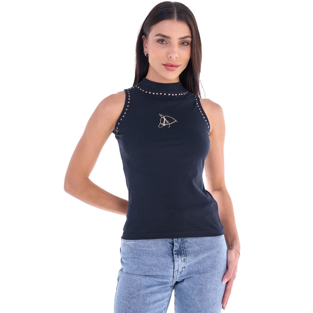 Regata Feminina Ox Horns Com Gola Alta Preta Bordado Cavalo Detalhes Tachinhas Douradas Ref: 6523