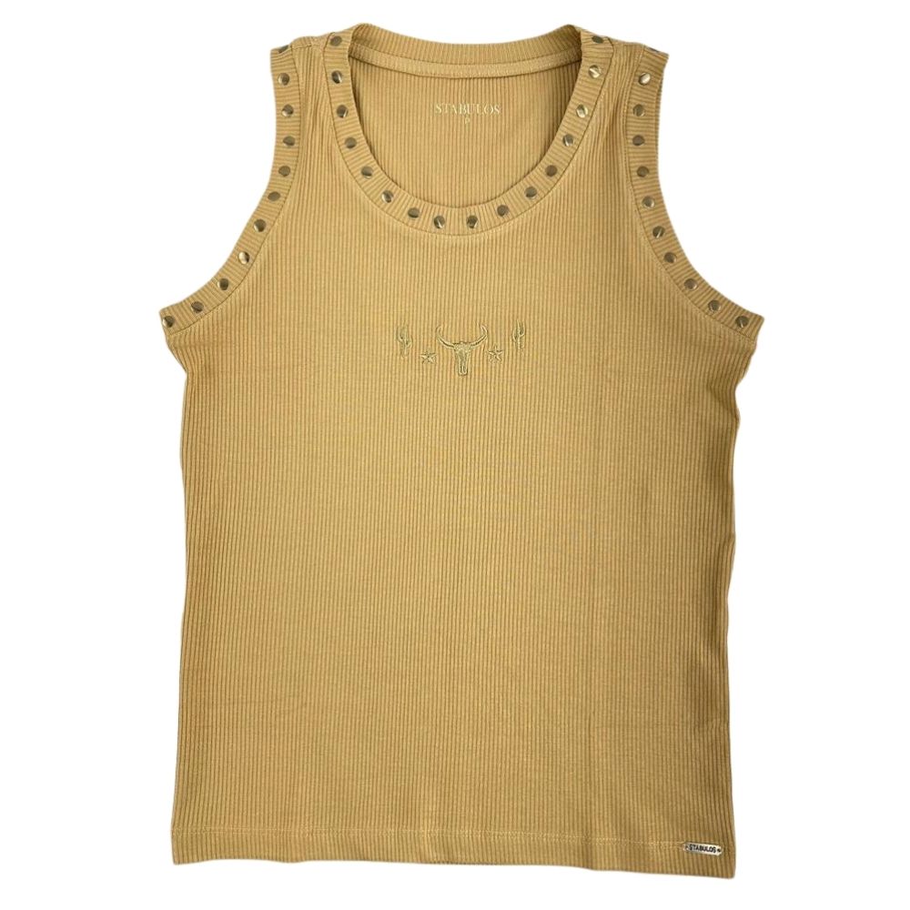 Camiseta Regata Feminina Stabulos Bege Escuro Bordado Termo REF: STB 587