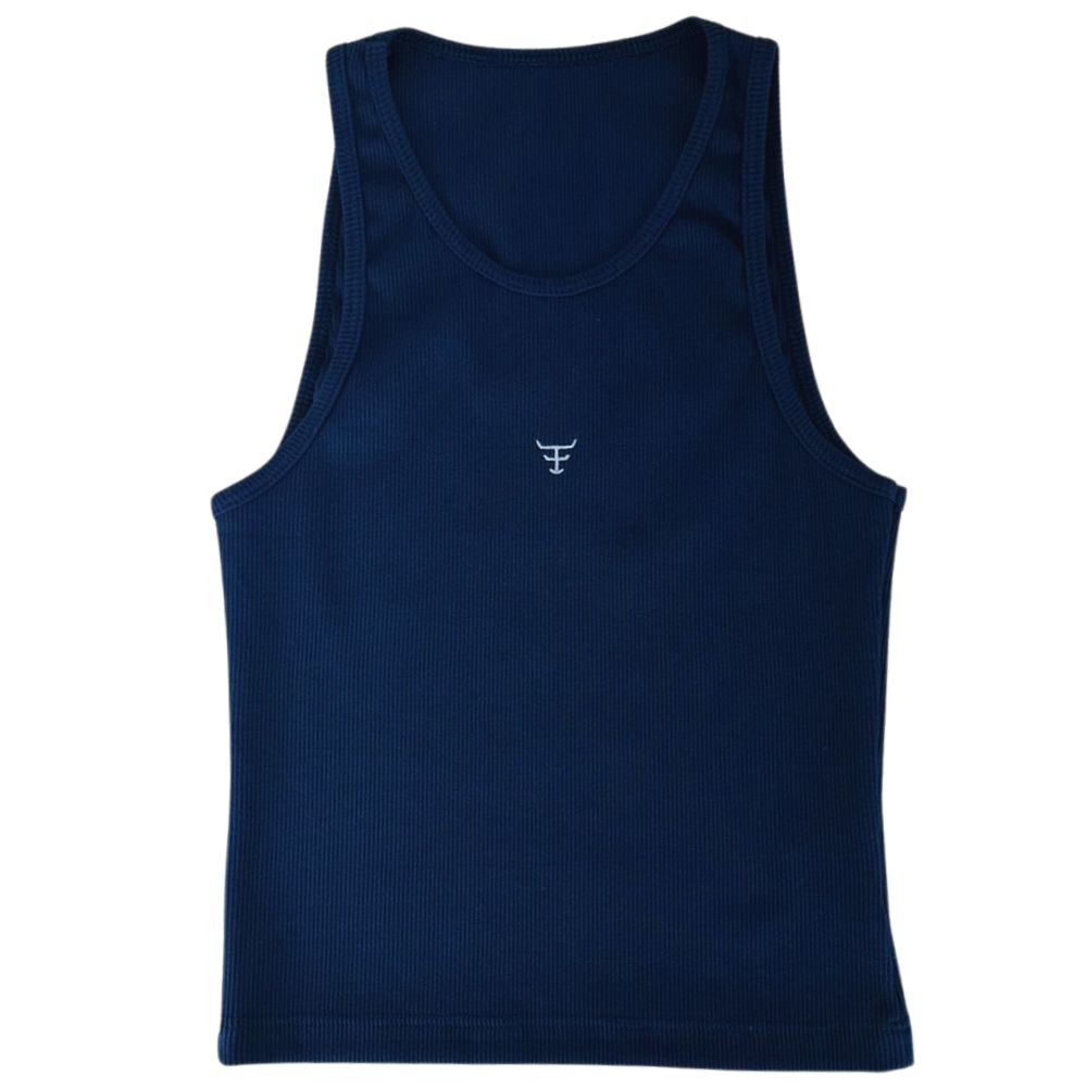 Camiseta Regata Feminina Texas Farm Canelada Western Show Azul Marinho Com Logo Branco Ref:RT001