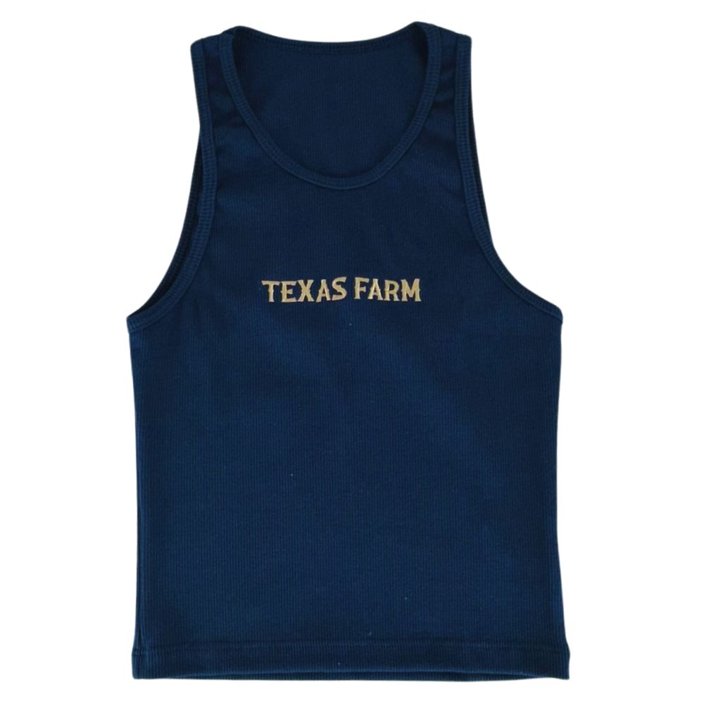 Camiseta Regata Feminina Texas Farm Canelada Western Show Azul Marinho Logo Dourado Ref:RT004