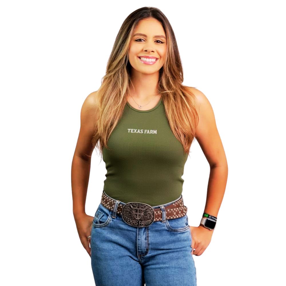 Regata Feminina Texas Farm Canelada Western Show Verde Militar Com Logo Bege Escuro Ref:RT0004