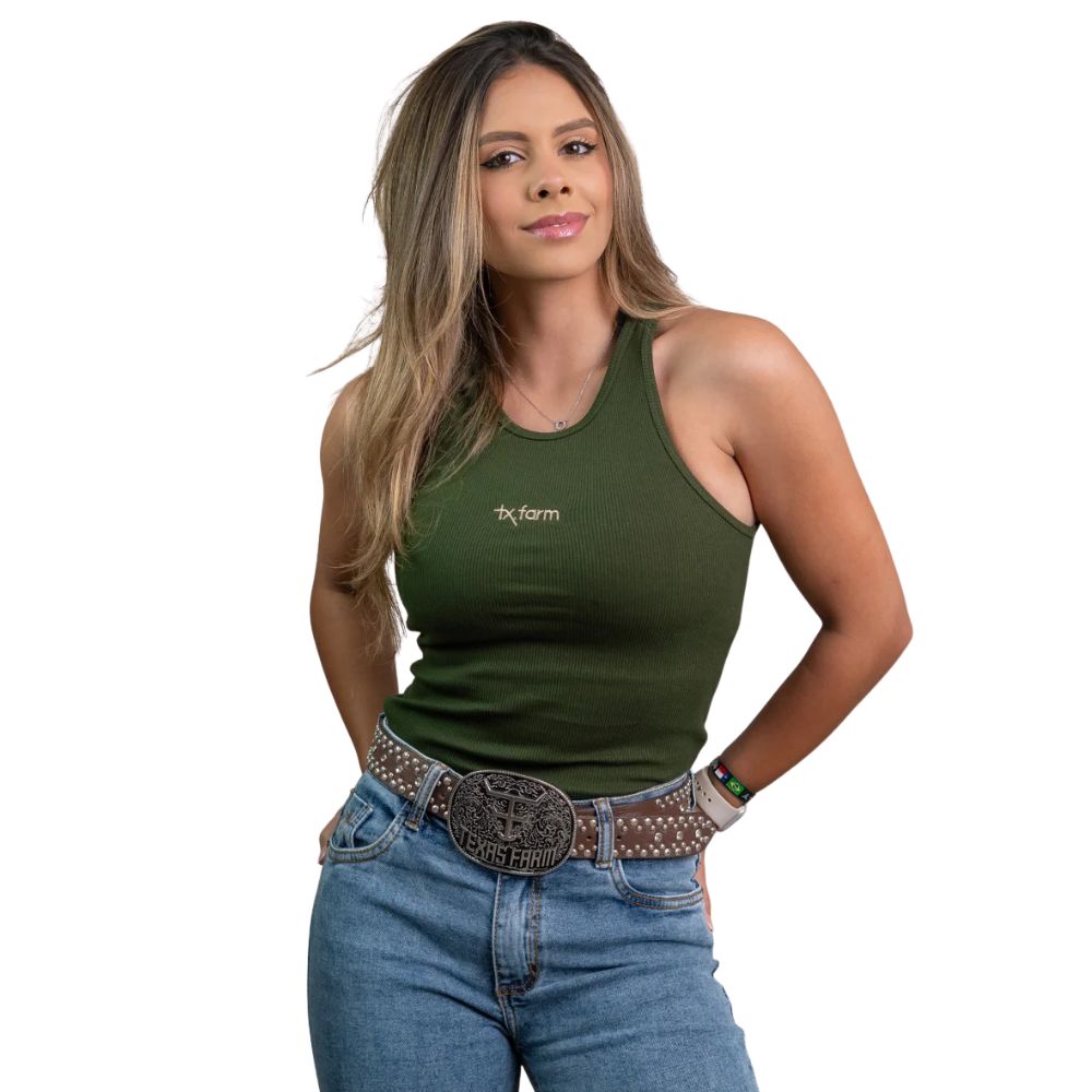 Regata Feminina Texas Farm Canelada Western Show Verde Militar Com Logo Bege Ref:RT0002