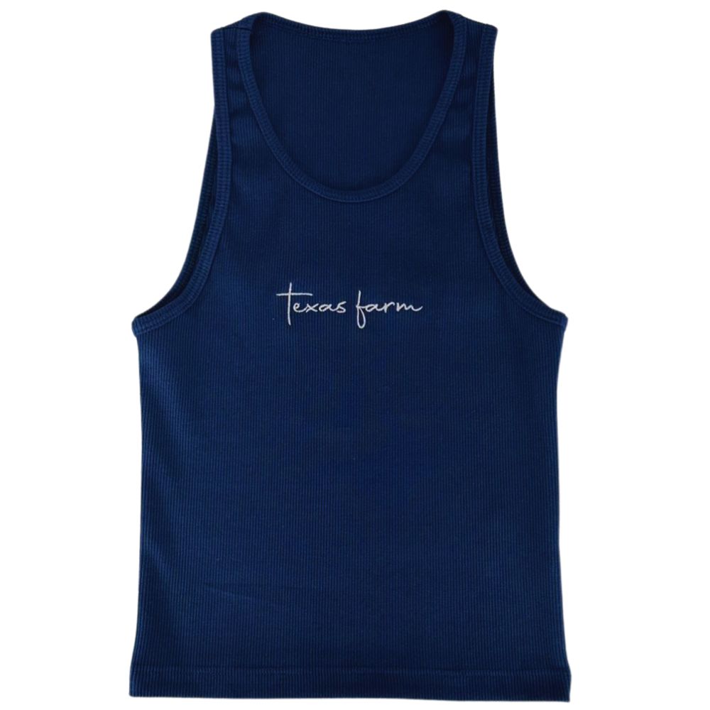 Camiseta Regata Feminina Texas Farm Western Show Azul Marinho Logo Branco Ref:RT007