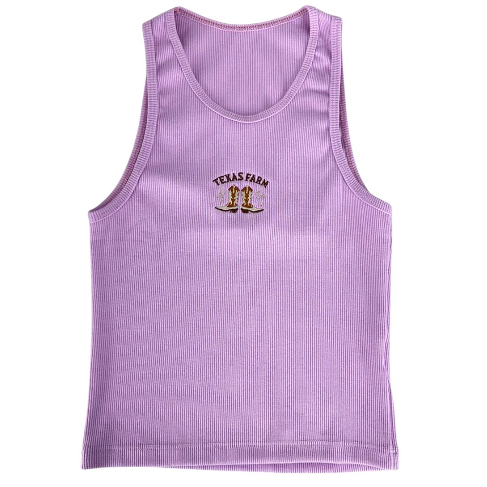 Camiseta Regata Feminina Texas Farm Western Show Roxo Lilas Claro Logo E Botas Bordadas Ref:RT006