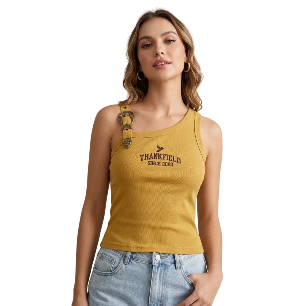 Regata Feminina Thankfield Com 1 Fivela Dourada Tecido Canelado Amarelo Queimado Bordado Marrom Ref:1853