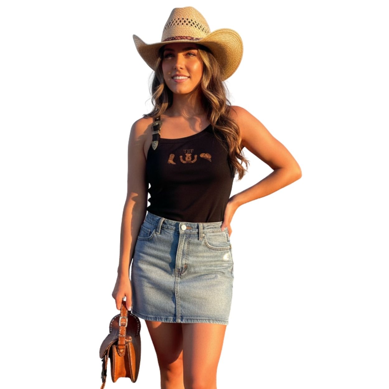 Regata Feminina Thankfield Fivela Dourada Tecido Canelado Preto Com Bordado Logo Em Marrom Ref:01761