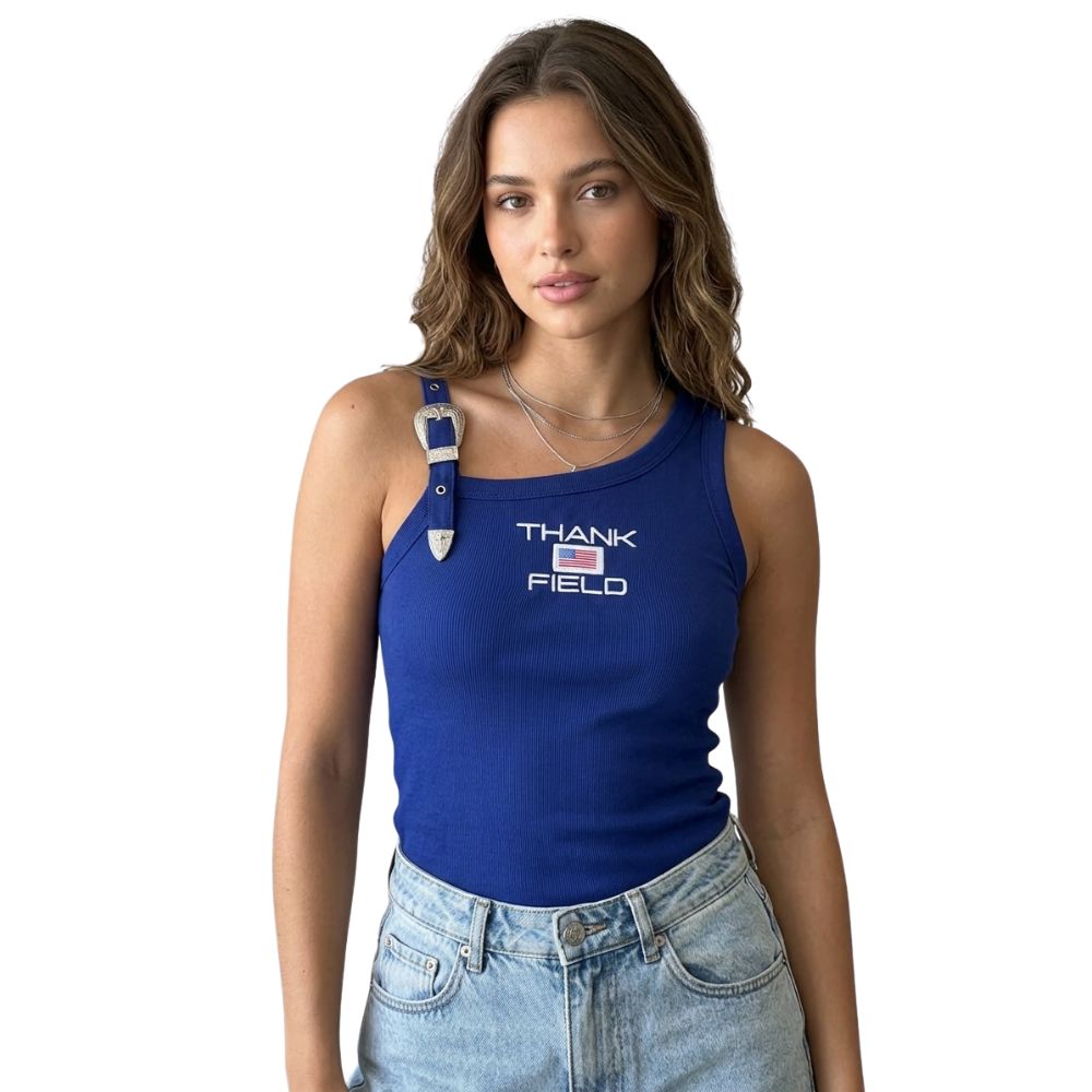 Regata Feminina Thankfield Com 1 Fivela Prata Tecido Canelado Azul Logo Branco E Bandeira EUA Ref:1851