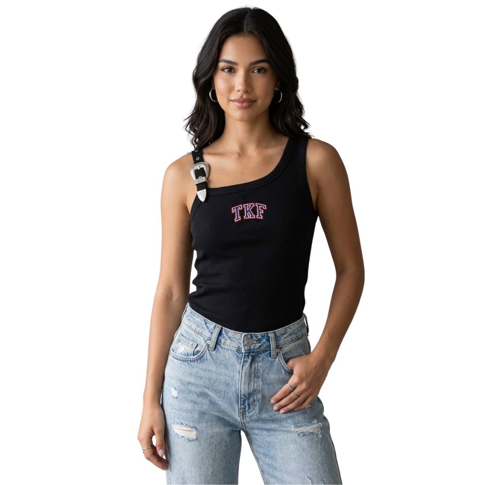 Regata Feminina Thankfield Com 1 Fivela Prata Tecido Canelado Preto Logo Bordado Azul E Vermelho Ref:1857