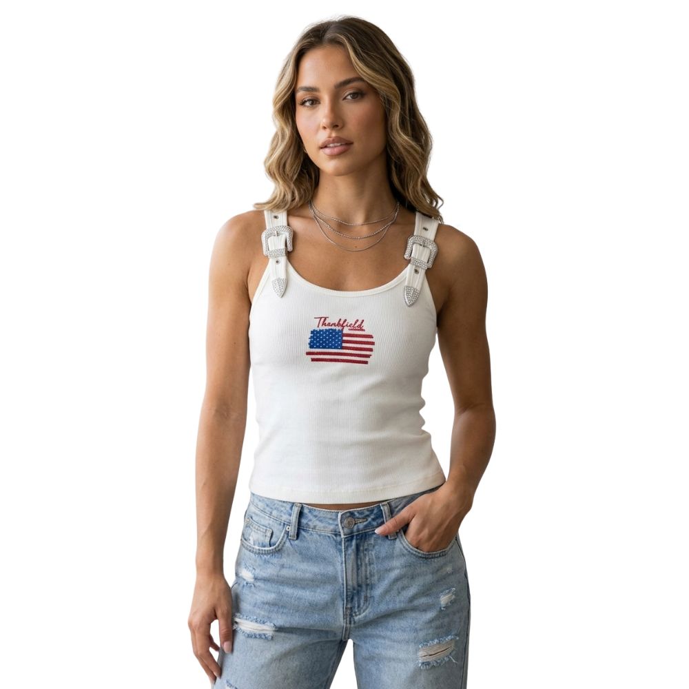 Regata Feminina Thankfield Com 2 Fivelas Prata Tecido Canelado Off White Logo Vermelho E Bandeira Ref:1844