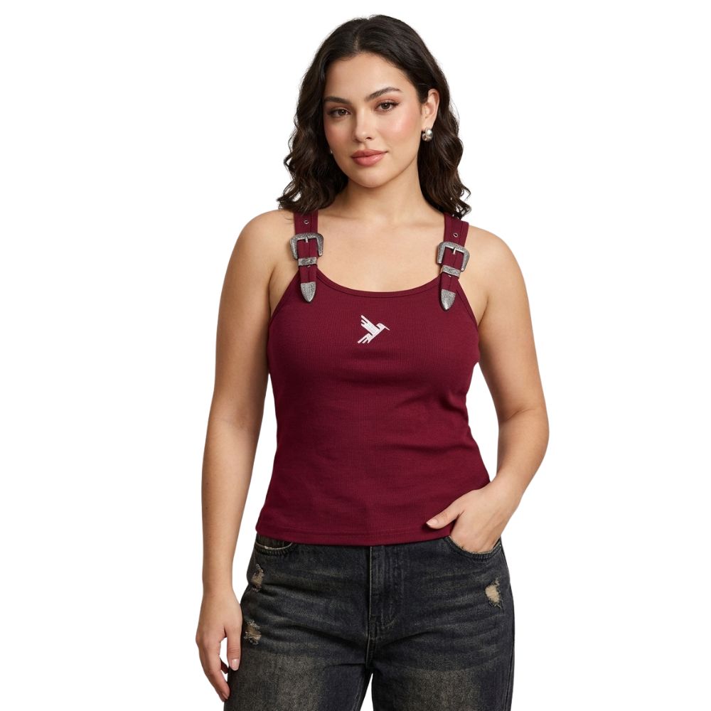 Regata Feminina Thankfield Com 2 Fivelas Prata Tecido Canelado Vermelho Vinho Com Bordado Prata Ref:1847