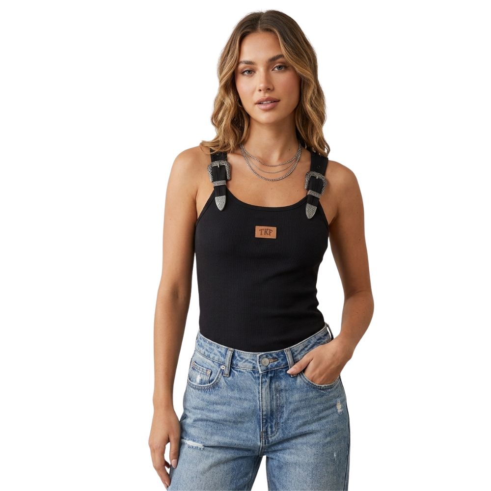 Regata Feminina Thankfield Com 2 Fivelas Preta E Cinza Tecido Canelado Preto Logo Em Couro Ref:1887