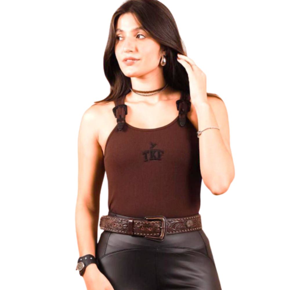 Regata Feminina Thankfield Com 2 Fivelas Preta Tecido Canelado Marrom Logo Bordado Em Preto Ref:1850