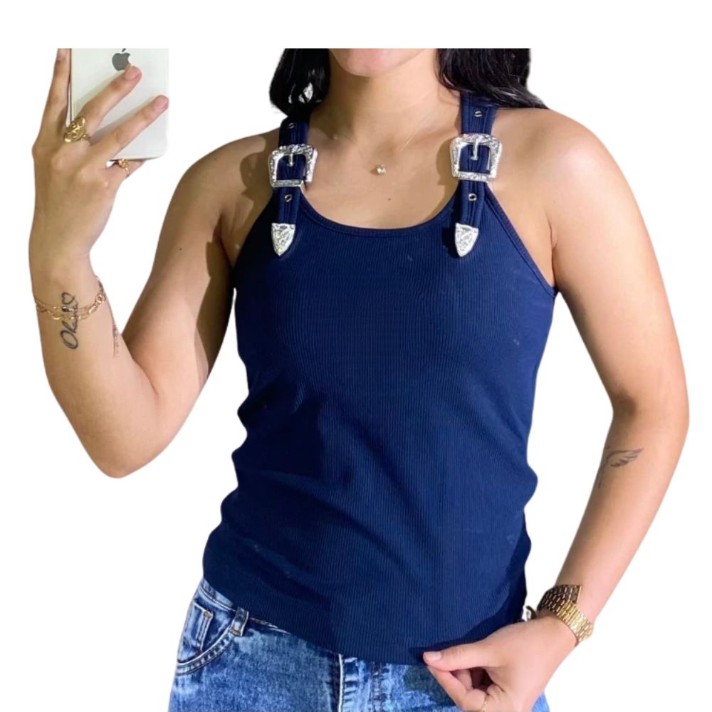 Regata Feminina Thankfield TKF Com 2 Fivelas Prata Tecido Canelado Azul Marinho Liso Ref:01647