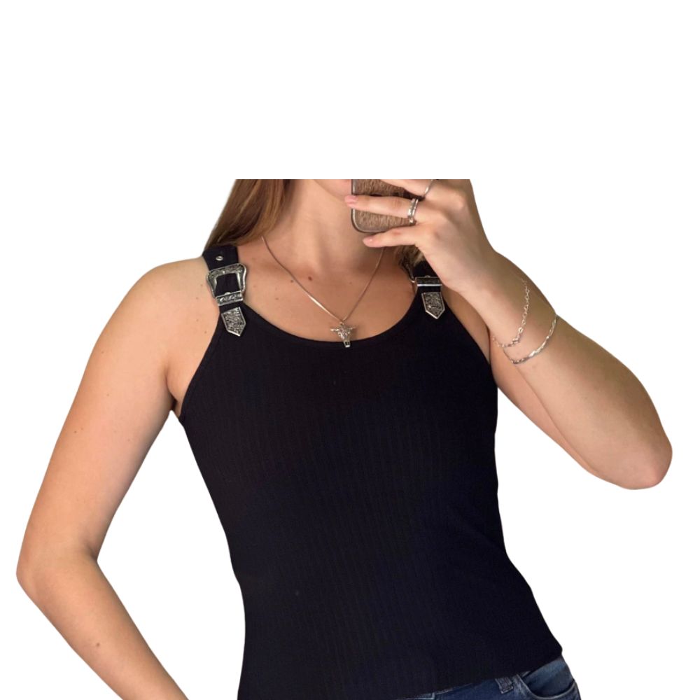 Regata Feminina Thankfield TKF Com 2 Fivelas Prata Tecido Canelado Preto Liso Ref:01645