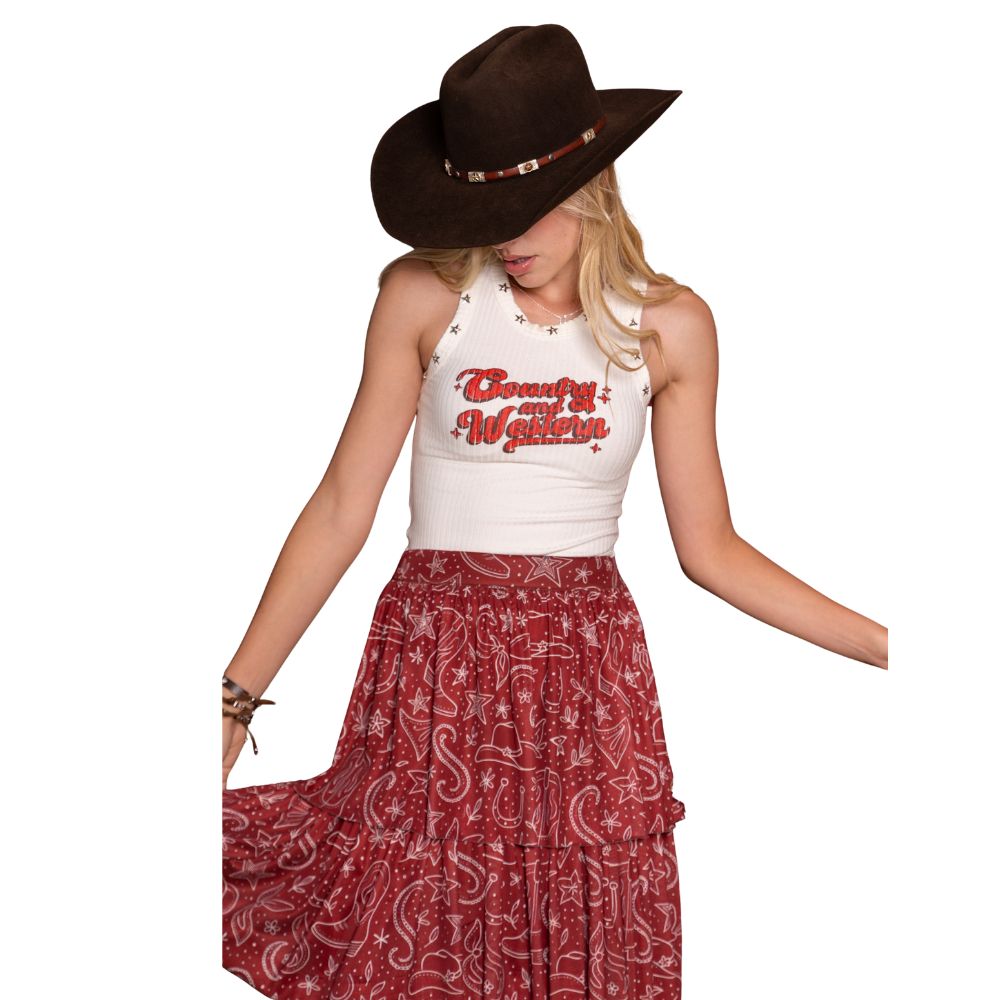 Regata Feminina Turkese Country Off White Malha Canelada Estampada Vermelho Bordado Estrelas Prata Ref:RC11507