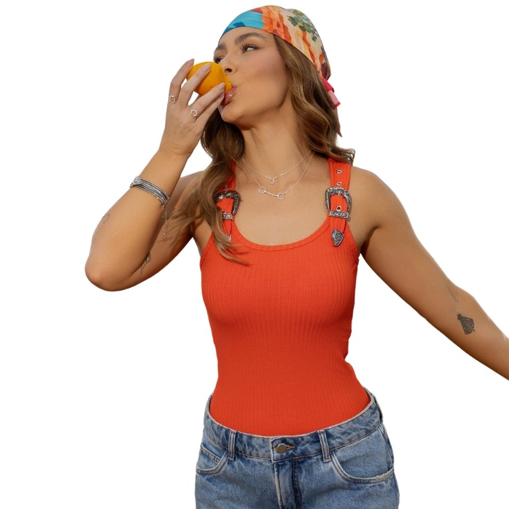 Regata Feminina Turkese Malha Canelada Buckle Laranja Alças Com Fivelas Ref:RC02602