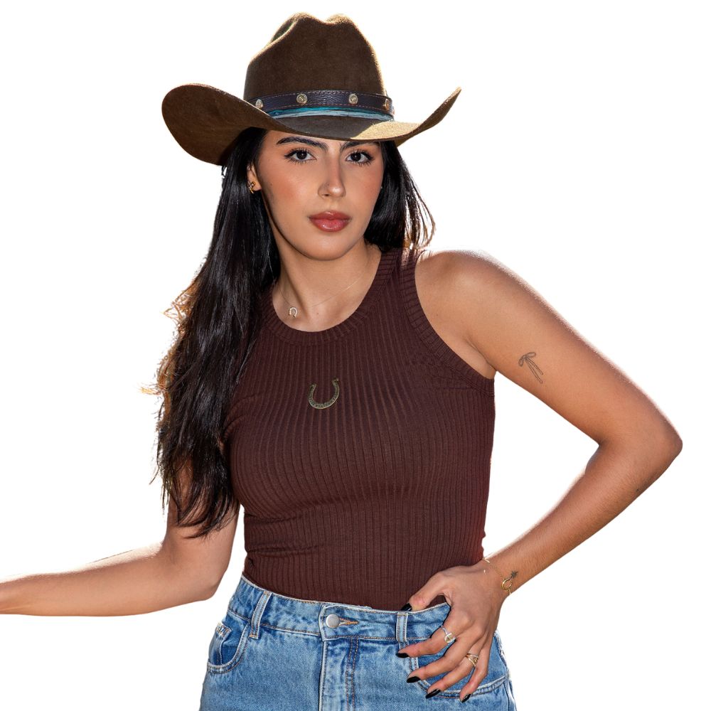 Regata Feminina Turkese Malha Canelada Marrom Café Horse Hoe Detalhe Ferradura Ref:RC05