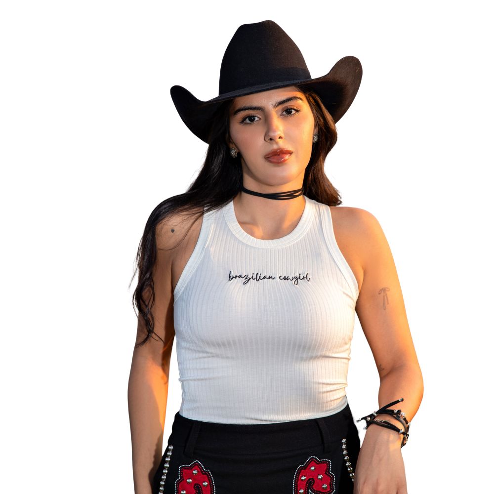 Regata Feminina Turkese Malha Canelada Off White Com Bordado Brazilian Cowgirl Em Preto Ref:RC13