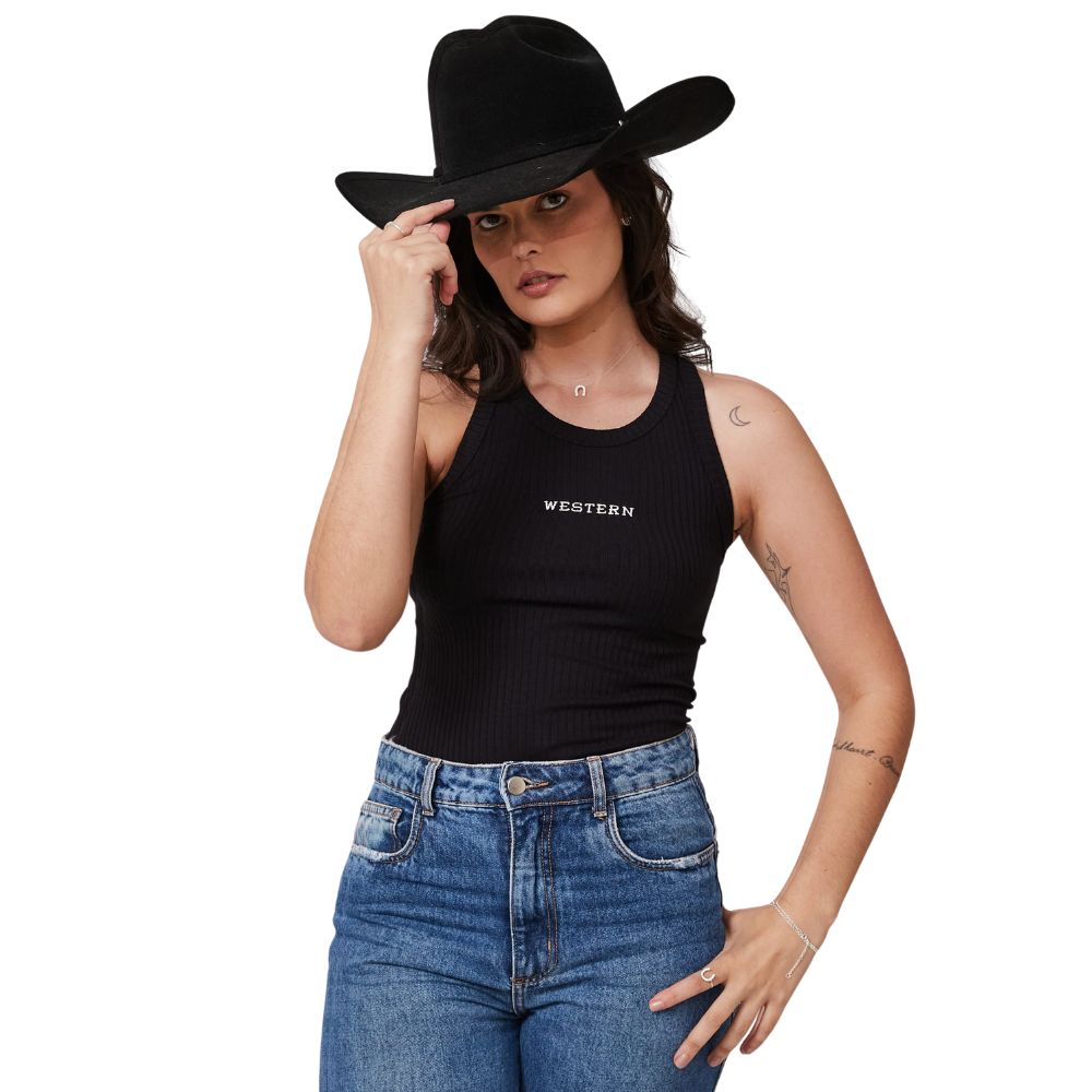 Regata Feminina Turkese Malha Canelada Preto Bordada Western Branco Ref:TS125