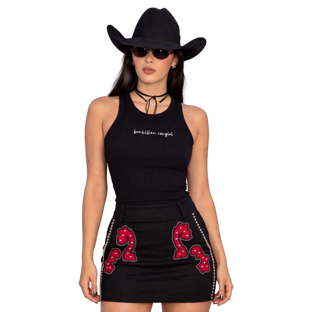 Regata Feminina Turkese Malha Canelada Preto Com Bordado Brazilian Cowgirl Em Branco Ref:RC14