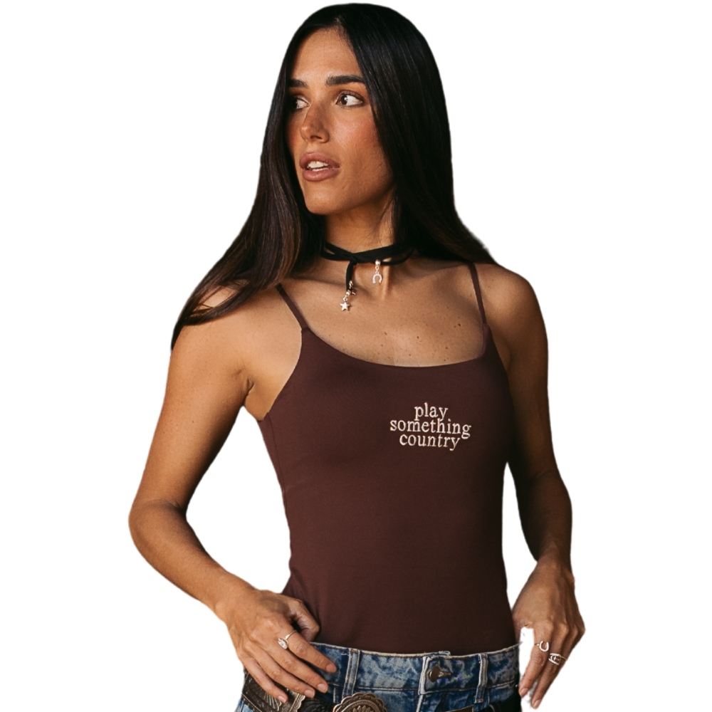 Regata Feminina Turkese Malha Marrom Alças Perfect Fit Country Estampa Branco REF:RC04603