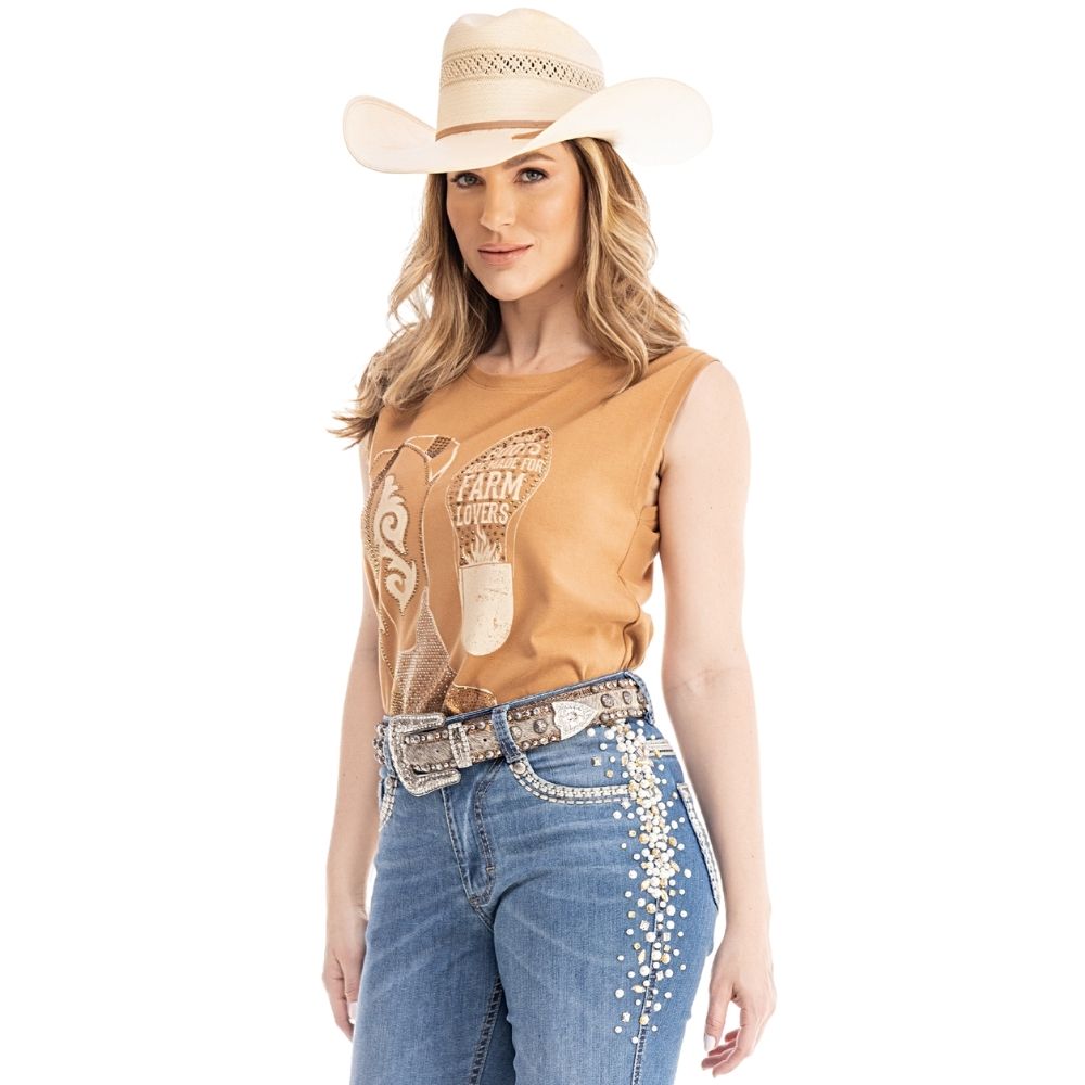 Regata Feminina Zenz Western Tractor Caramelo Escuro Estampa Botas Strass Ref:ZW0325025 - 1559