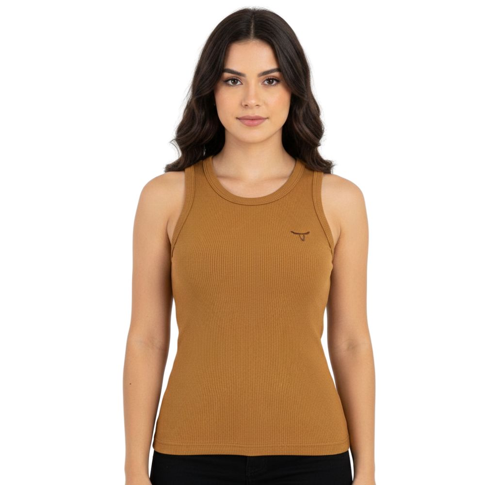 Regata Feminina Laço Forte Canelado Básica Marrom Ref:503