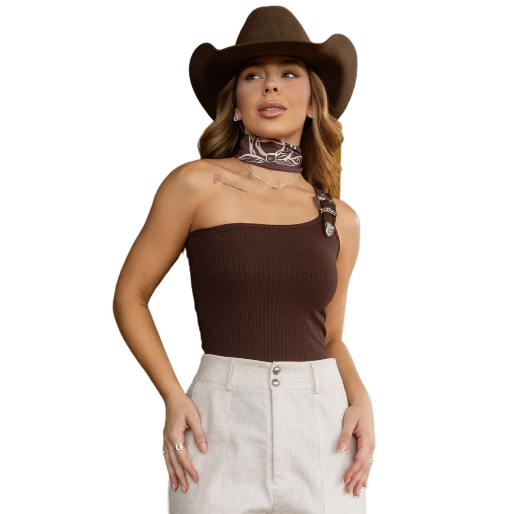 Regata Feminina Turkese Nula Manga Malha Canelada Lone Buckle Marrom 1 Alça Com Fivela Ref: RC02607