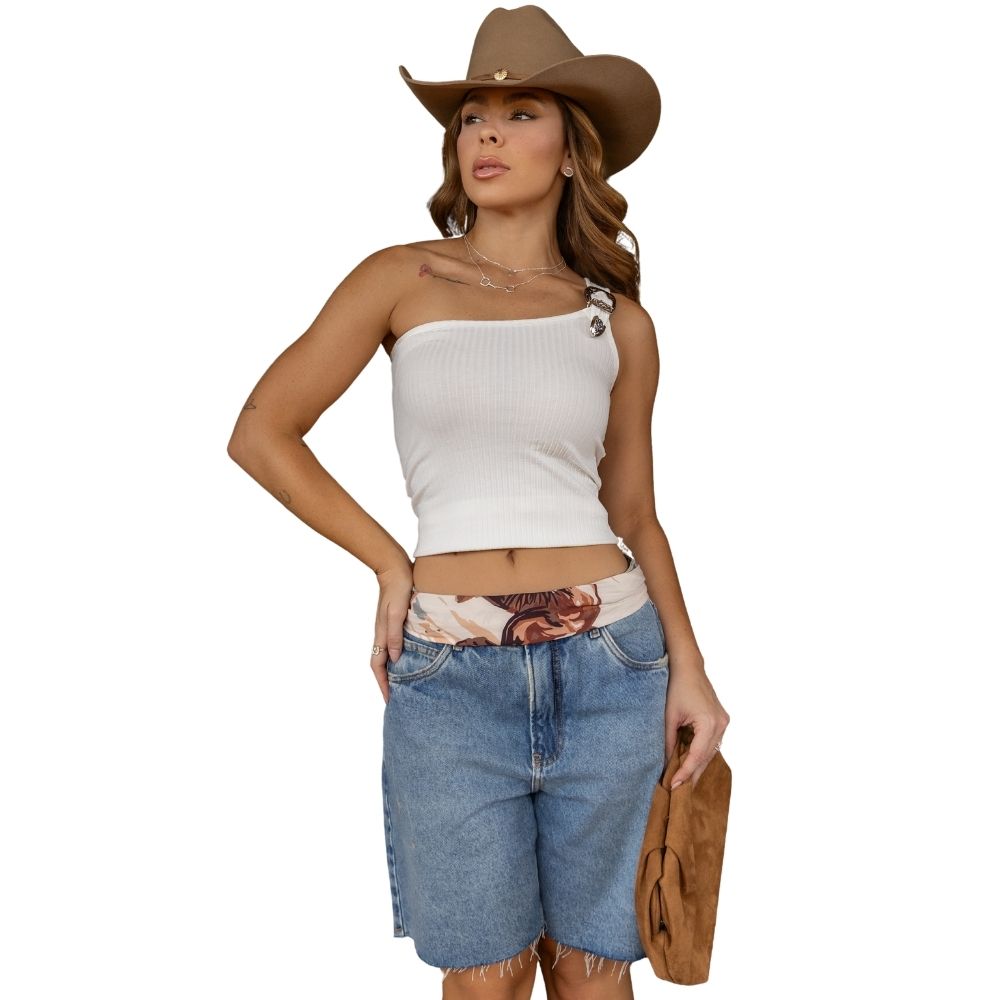 Regata Feminina Turkese Nula Manga Malha Canelada Lone Buckle Off White 1 Alça Com Fivela Ref: RC02609