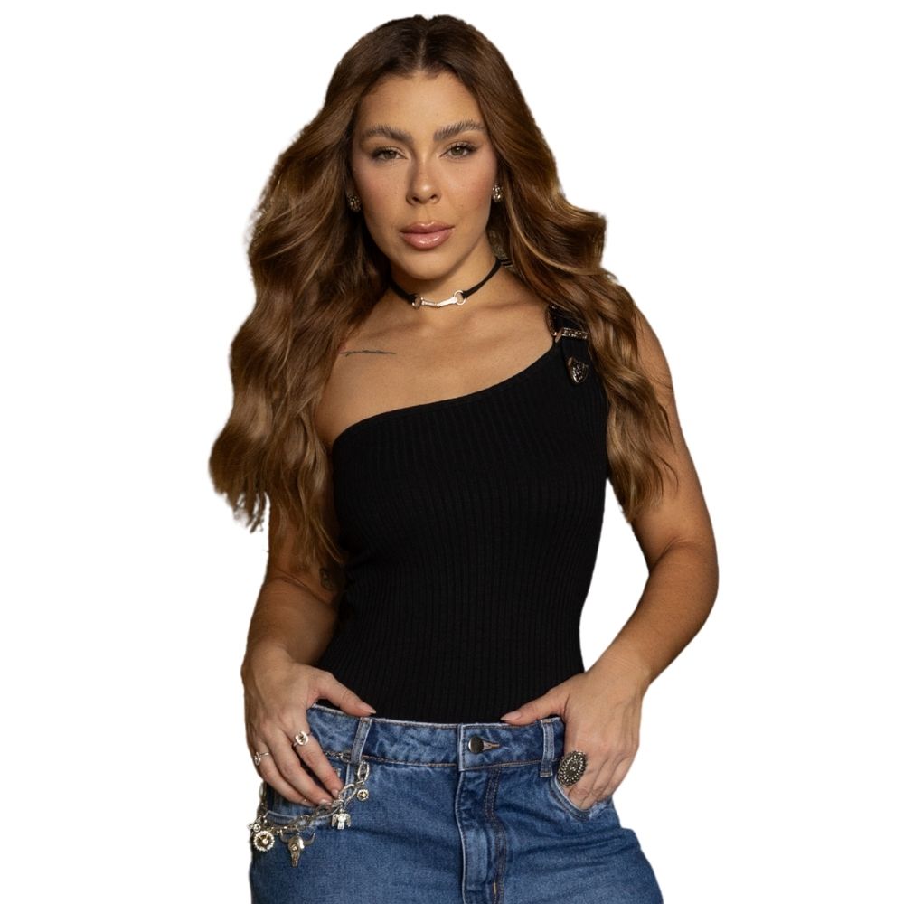 Regata Feminina Turkese Nula Manga Malha Canelada Lone Buckle Preto 1 Alça Com Fivela Ref: RC02608