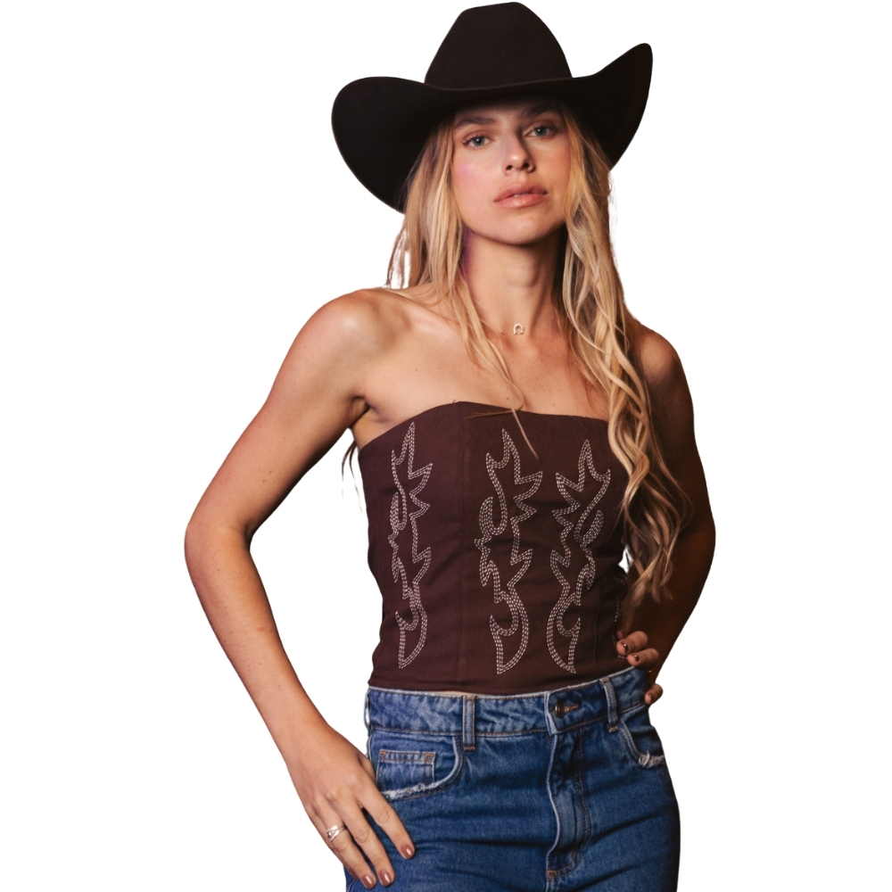 Top Corselet Feminino Turkese Lainey Brown Marrom Bordado Branco E Elastico Nas Costas - REF:CO03