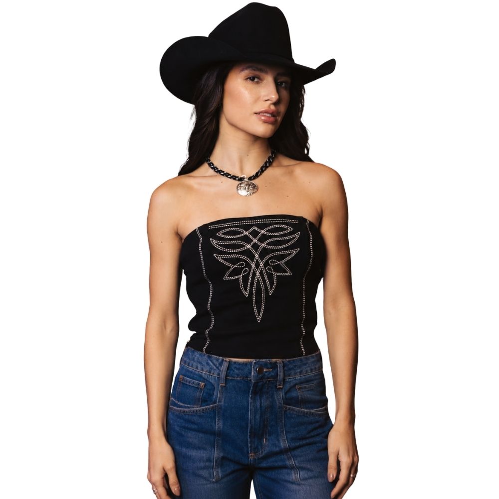 Top Corselet Feminino Turkese Patsy Black Preto Bordado E Elástico Nas Costas Ref: CO04602