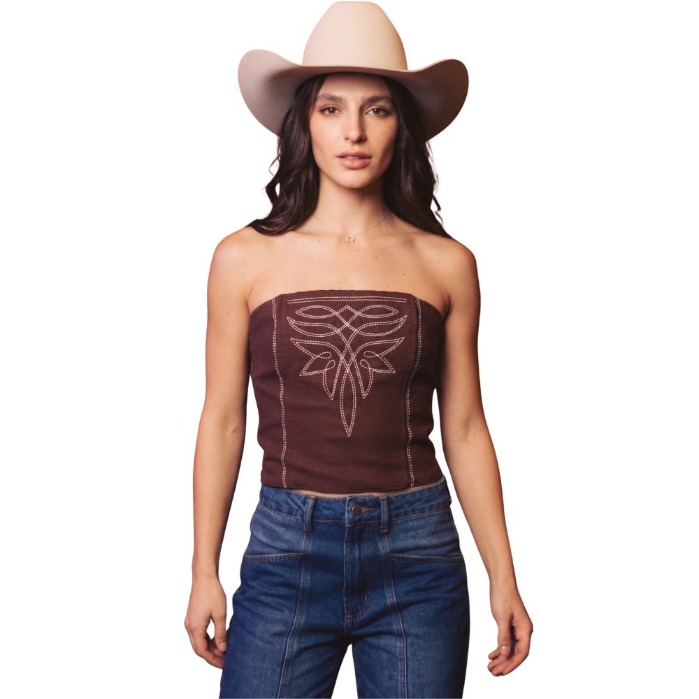 Top Corselet Feminino Turkese Patsy Brown Marrom Bordado E Elástico Nas Costas Ref: CO04601