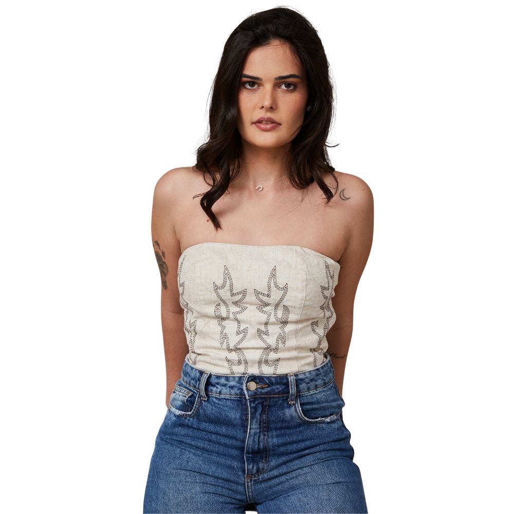 Top Corselet Turkese Lainey Off Bege Mesclado Com Bordado Marrom Detalhe Elástico Costas Ref:CO02