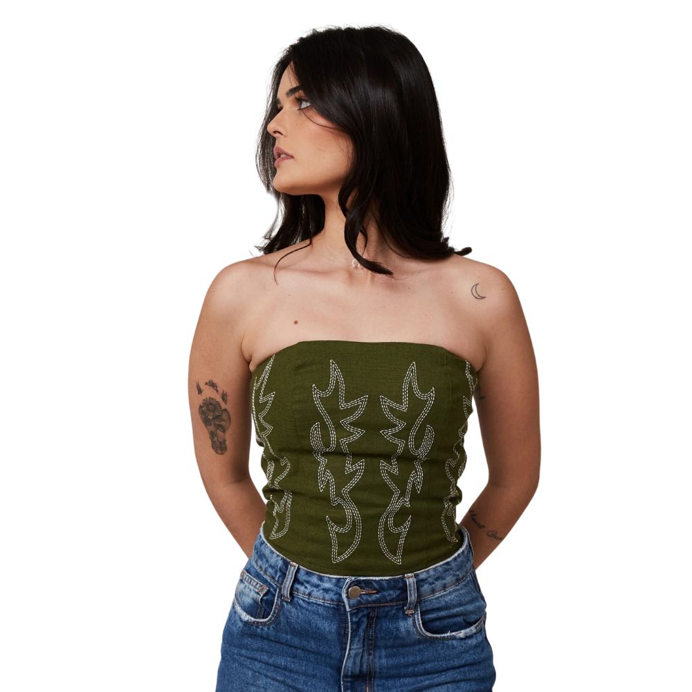 Top Corselet Turkese Lainey Verde Musgo Tomara Que Caia Com Elástico Nas Costas Bordado Branco Ref:CO11501