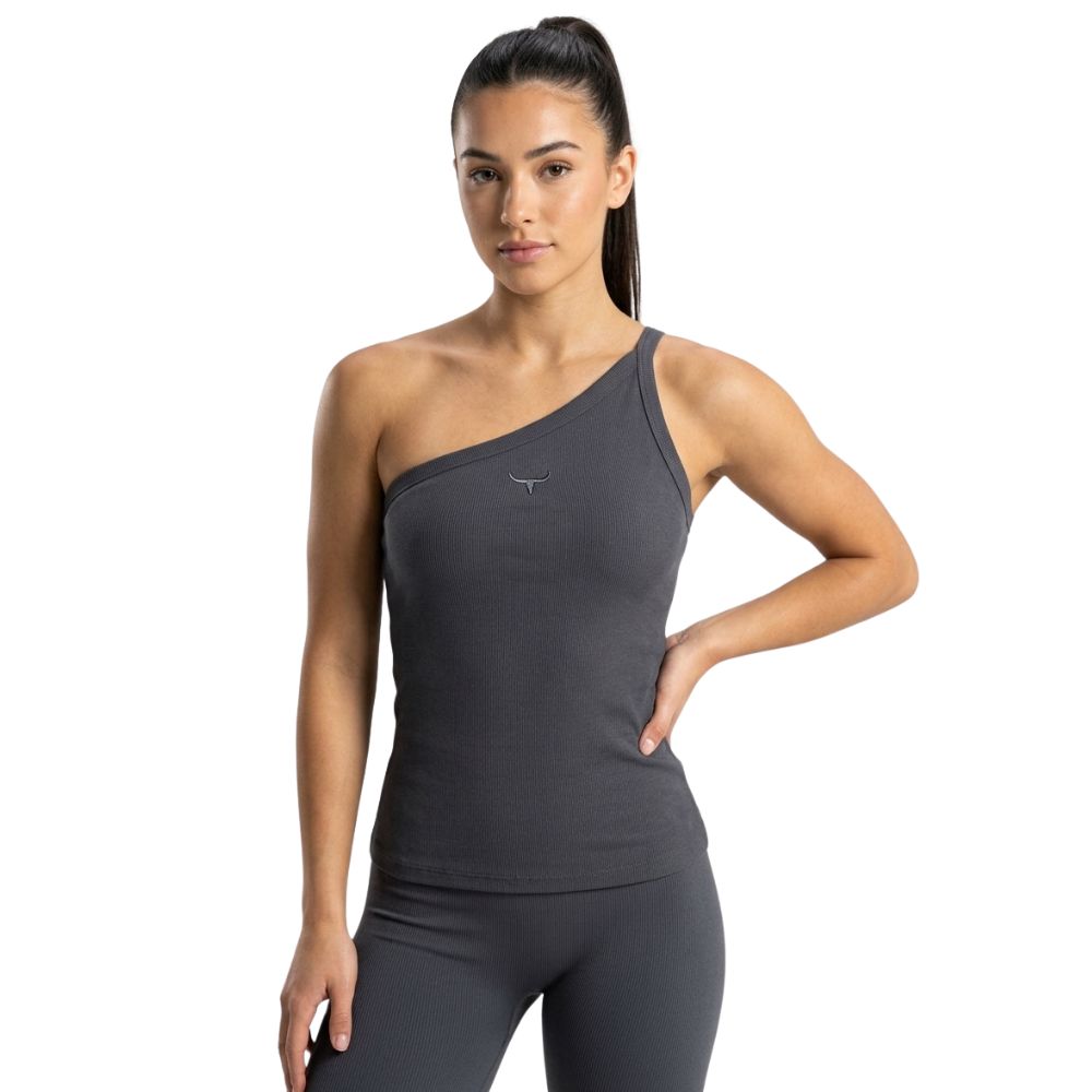 Regata Feminina Moiadeiros Um Ombro Só Cinza Grafite Com Logo Bordado Ref:REG208