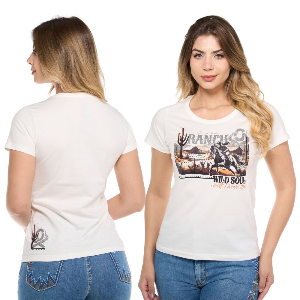 Camiseta TShirt Feminina Ox Horns Creme Manga Curta Com Desenho De Cowgirl No Cavalo Ref:6453