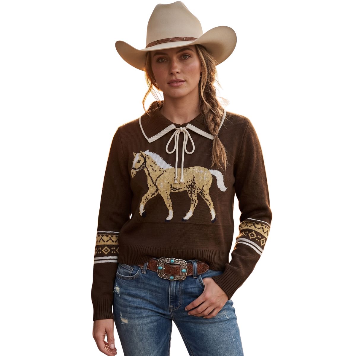 Blusa Feminina Turkese Palomino Marrom Gola E Cordão De Ajuste Bordado Ref: CS06602