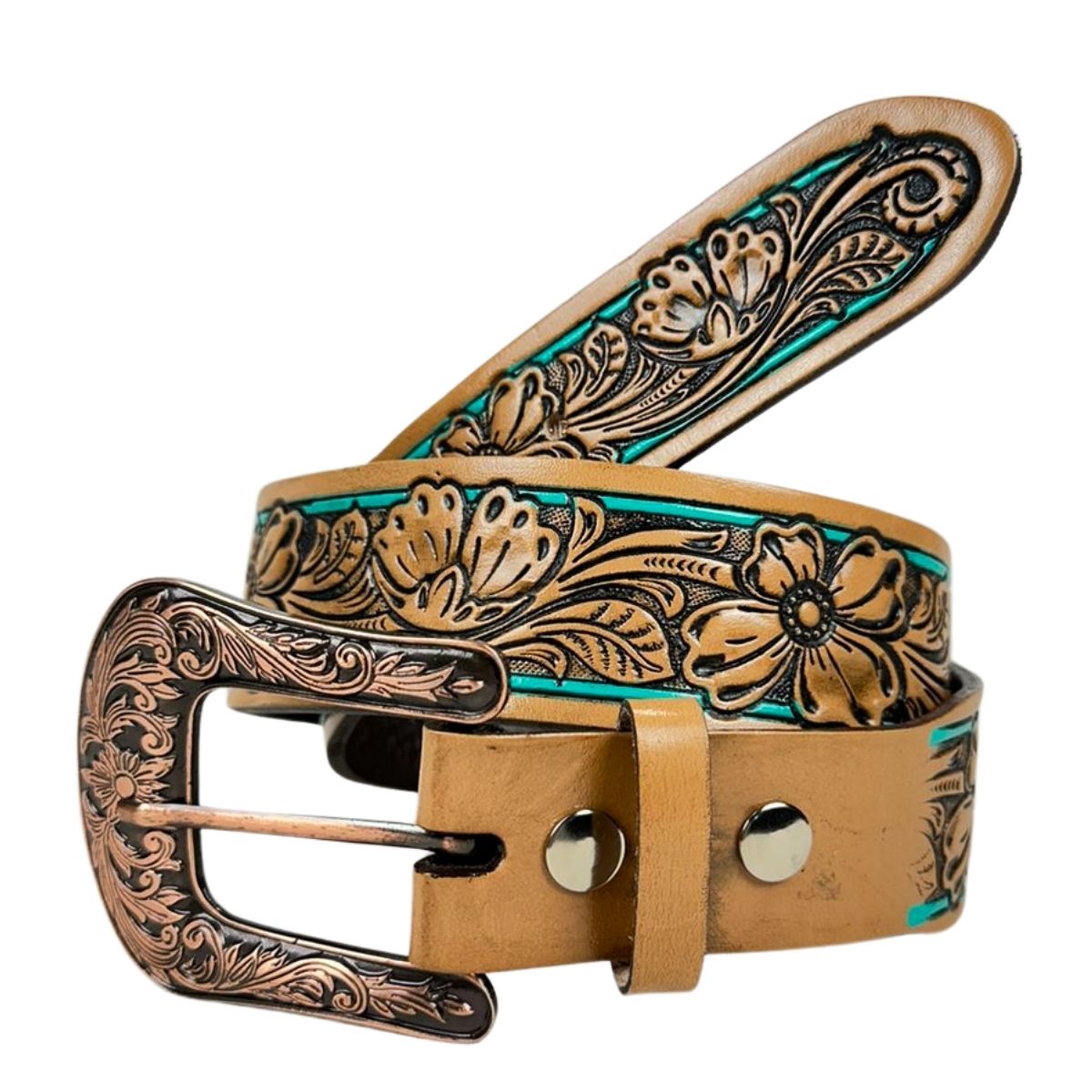 Cinto Feminino Master Western Couro Caramelo Com Bordado Flores Com Detalhe Verde REF: 16126