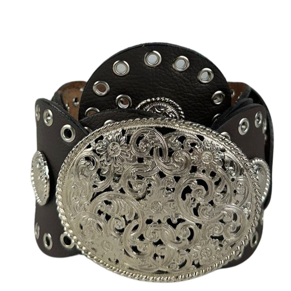 Cinto Feminino Paul Western Em Couro Marrom/Café Com Detalhes Em Ilhós E Medalhas Com Fivela Prata Ref:484